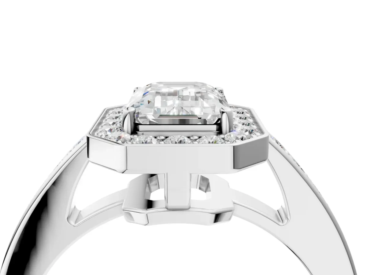 Emerald Cut Halo Pavé Diamond Engagement Ring with Bezel Setting Silver