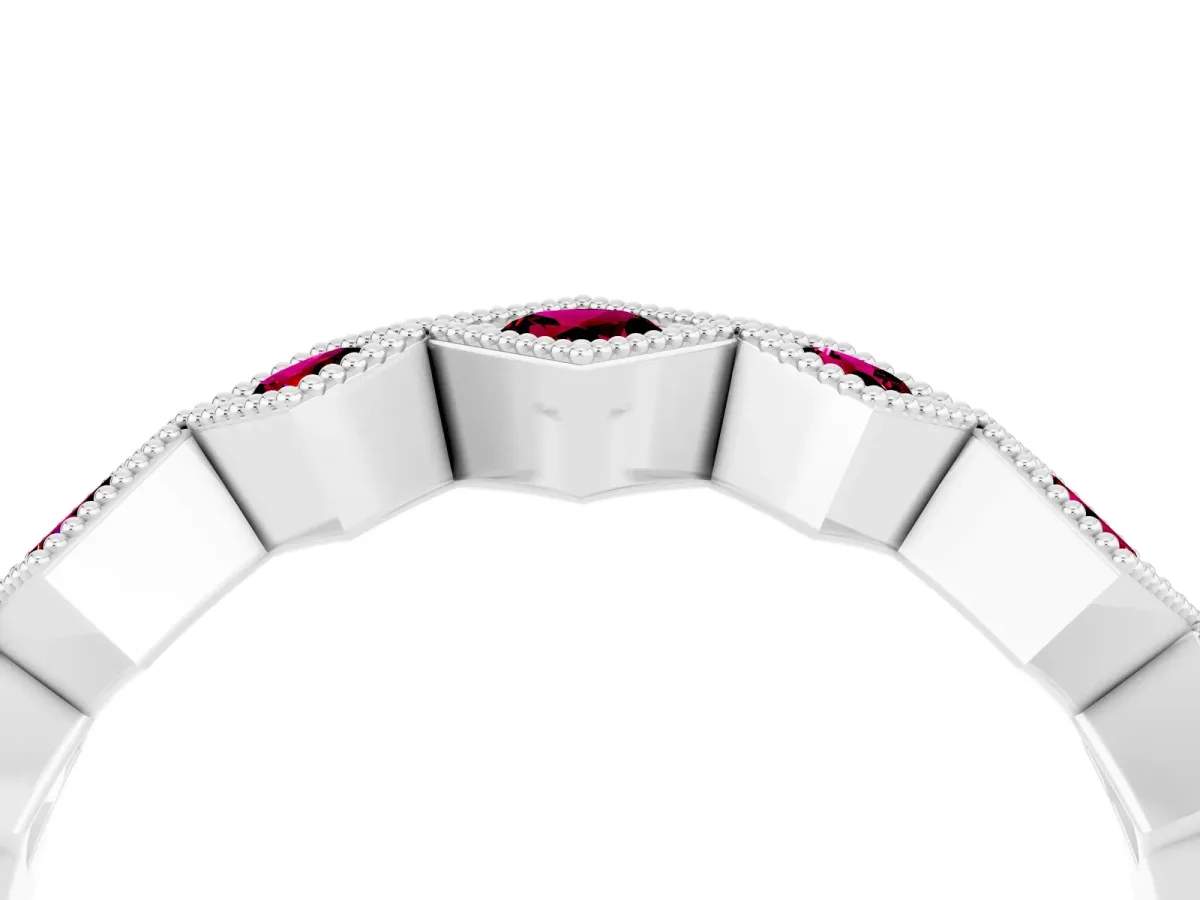 Milgrain Square Bezel Round Garnet Chevron Band Silver
