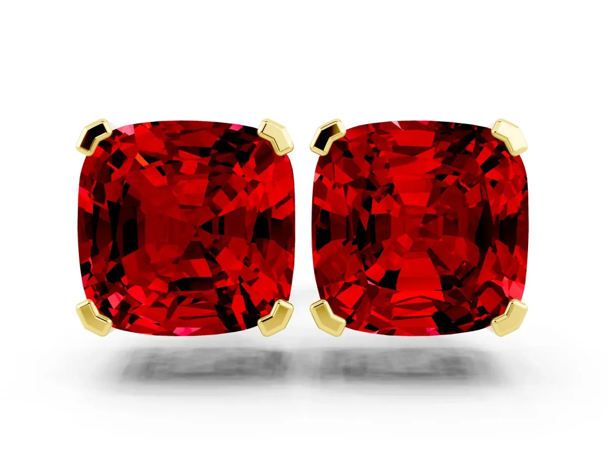 Cushion Cut Ruby Stud Earrings Yellow gold
