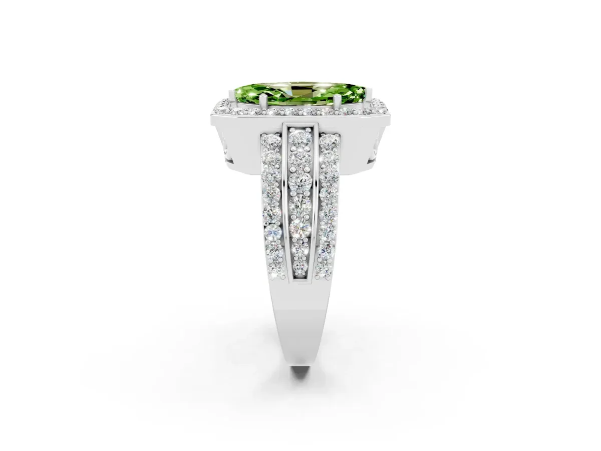 Marquise Cut Halo Peridot Ring with Round Split Shank and Prong Setting Platinum