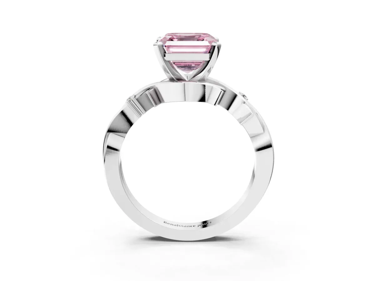 Fancy Pink Asscher Cut Diamond Solitaire Ring with Twisted Band and Prong Setting Platinum