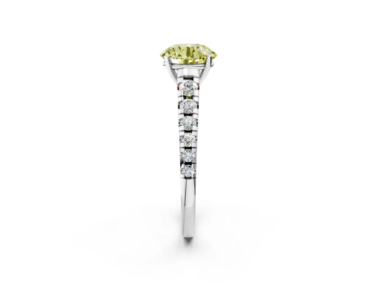 Fancy Yellow Round Cut Diamond Cathedral Solitaire Ring with Round Pavé Band Silver
