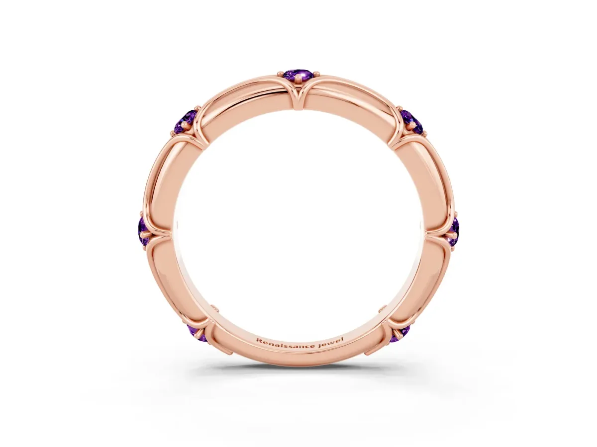 Round Amethyst Prong Set Milgrain Eternity Band Rose gold