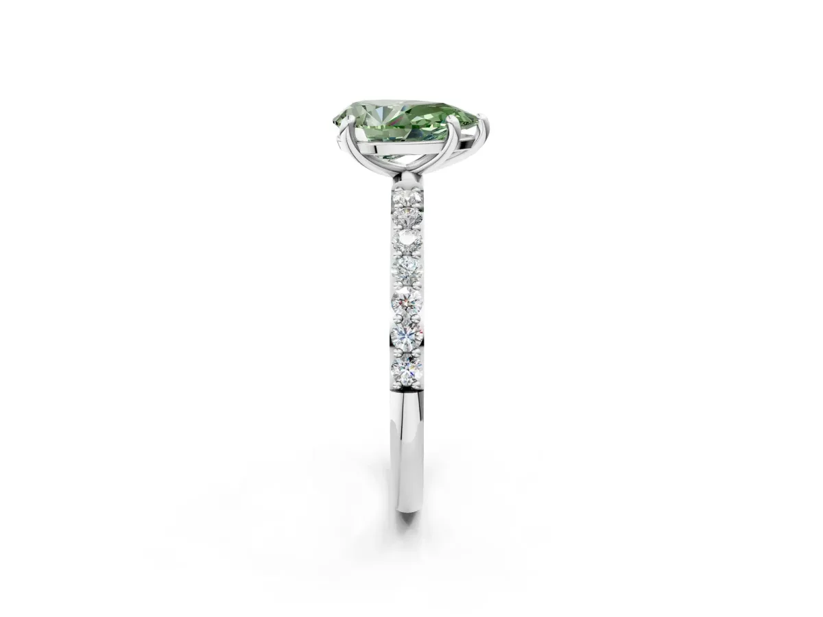 Fancy Green Pear Cut Diamond Solitaire Ring with Round Pavé Band and Prong Setting Silver