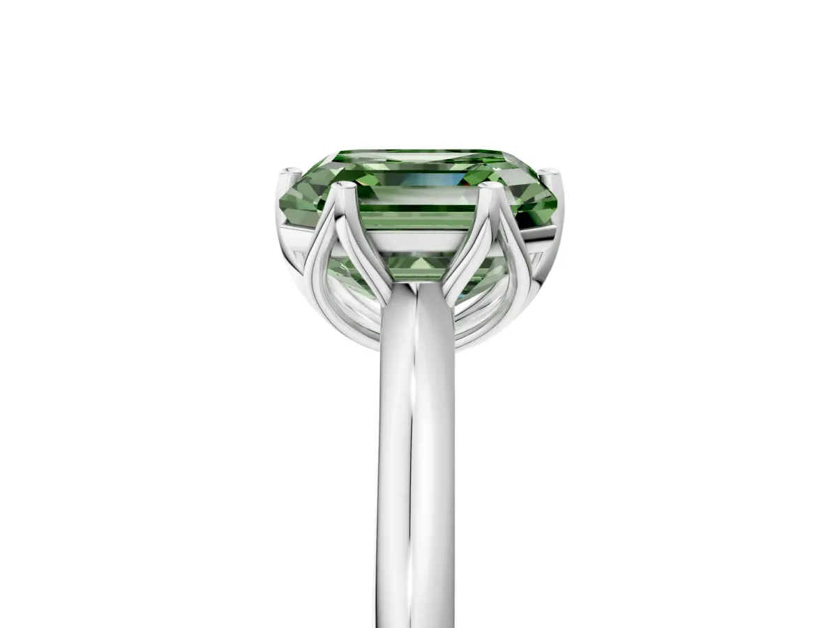 Fancy Green Asscher Cut Solitaire Cathedral Diamond Ring with Six-Prong Setting Platinum