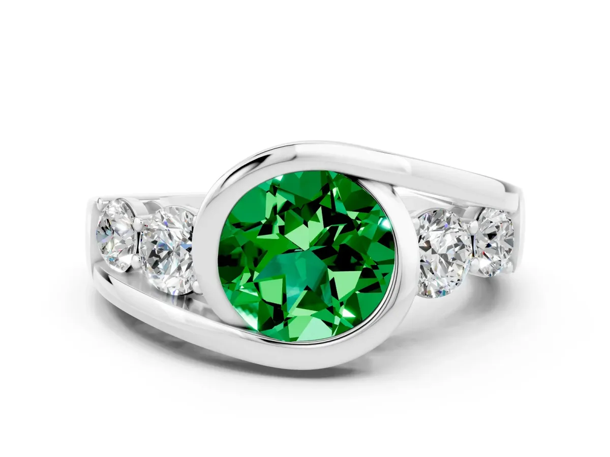 Bezel Set Round Cut Emerald Bypass Ring with Round Accents Silver