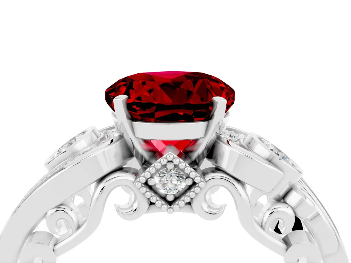 Round Cut Ruby Solitaire Ring with Milgrain Pavé Band and Four-Prong Setting Silver
