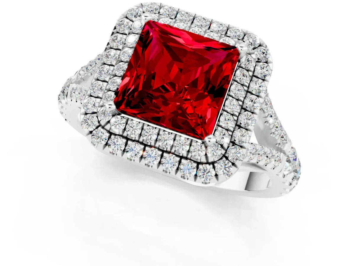 Double Halo Princess Cut Ruby Split Shank Engagement Ring with Four-Prong Setting White gold