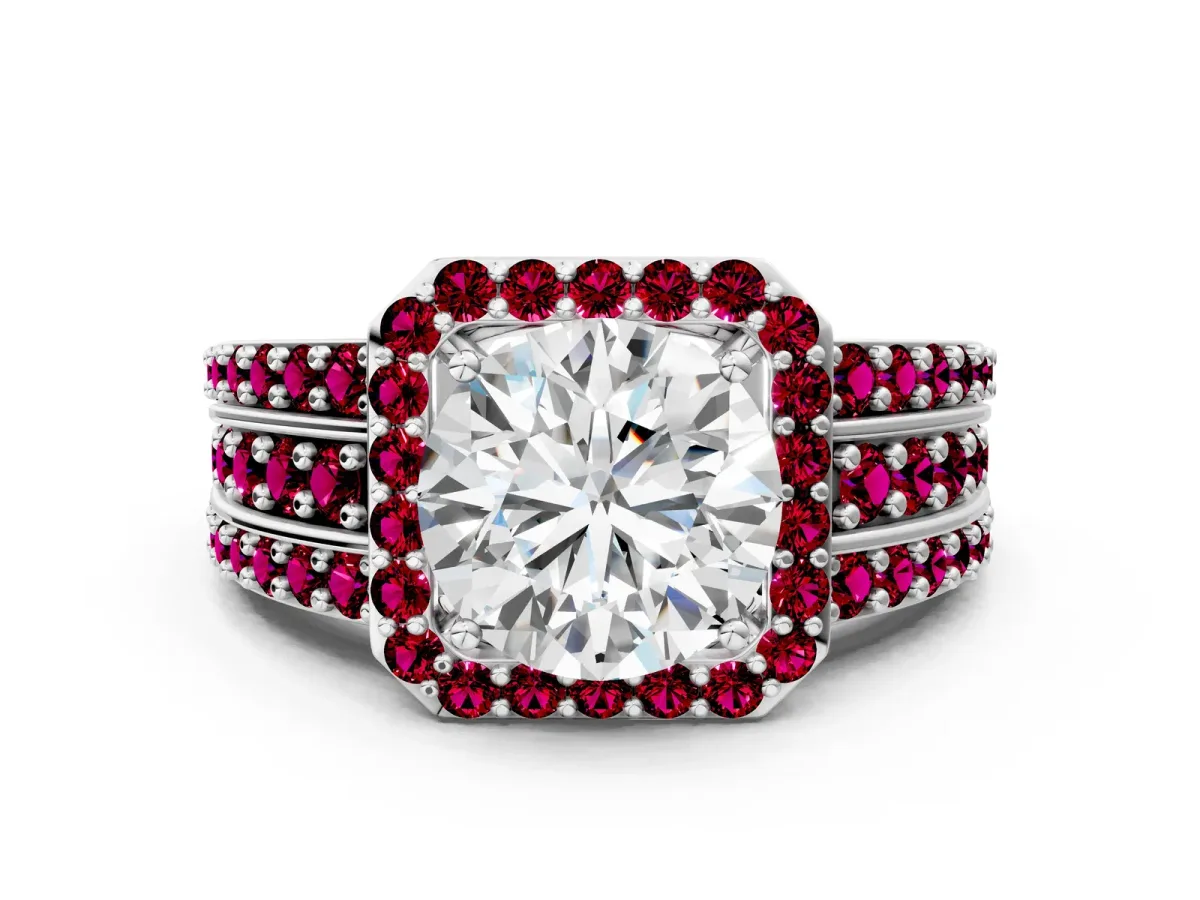 Round Cut Halo Diamond Ring with Round Garnet Split Shank and Prong Setting Platinum