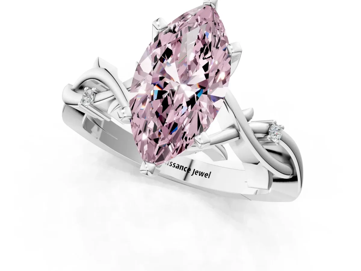 Fancy Pink Marquise Cut Diamond Solitaire Ring with Twisted Band and Prong Setting Silver