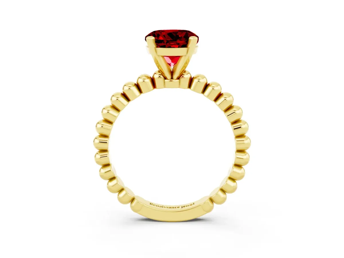 Round Cut Ruby Solitaire Ring with Beaded Band and Prong Setting Yellow gold