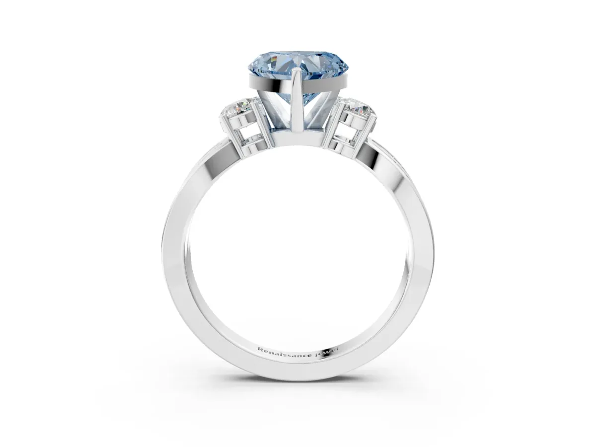 Fancy Blue Three-Stone Heart Cut Cut Diamond Twist Band with Prong Setting Platinum