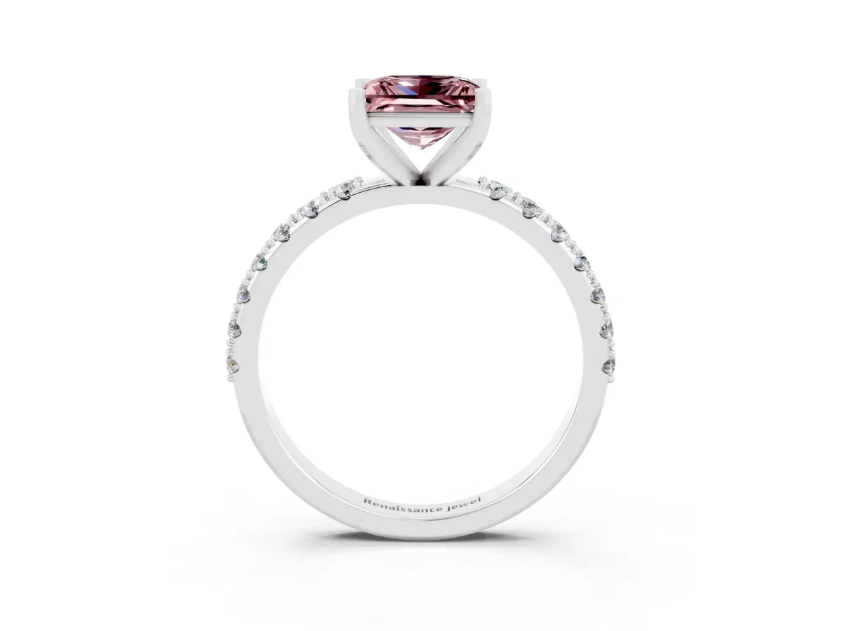 Princess Cut Morganite Solitaire Pavé Band with Four-Prong Setting Platinum