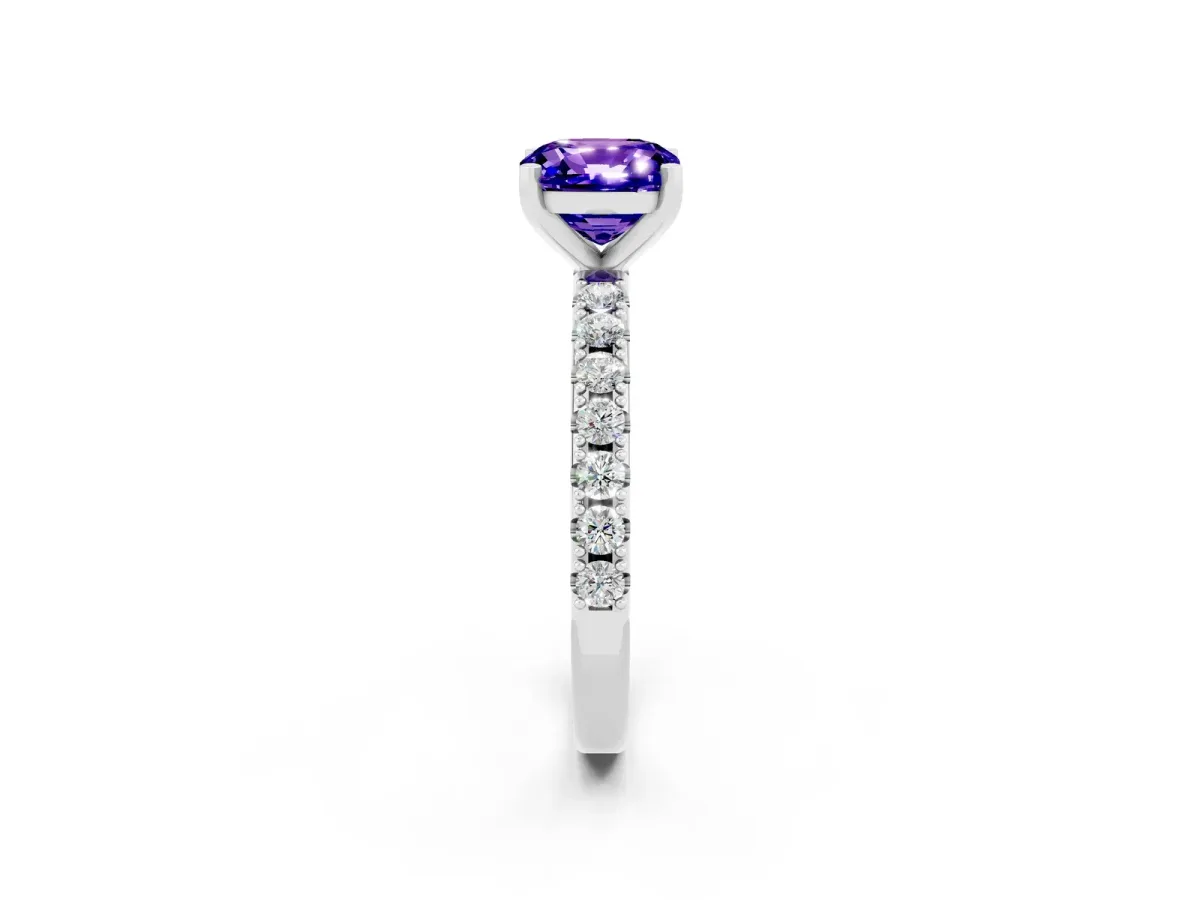 Cushion Cut Tanzanite Solitaire Pavé Band with Four-Prong Setting Silver