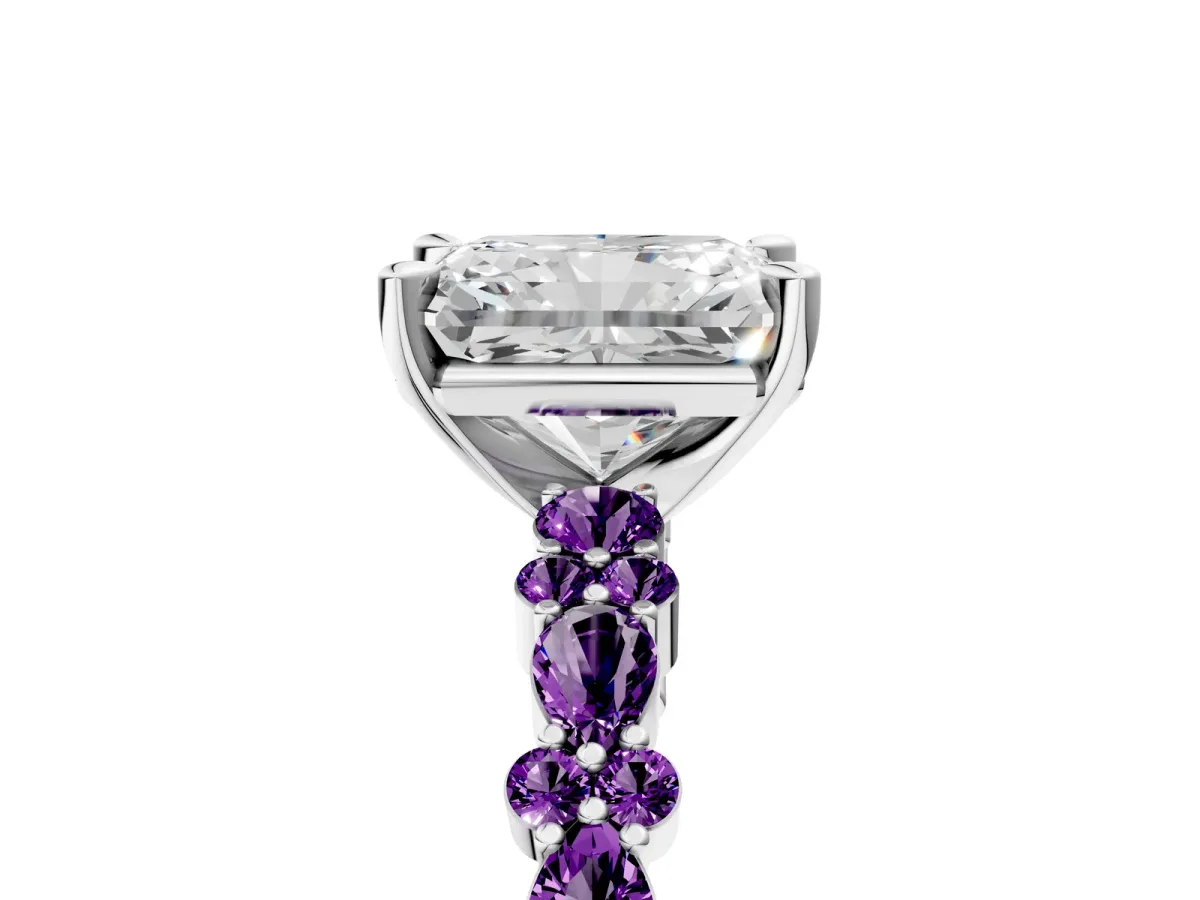 Radiant Cut Diamond Side Stone Solitaire Ring with Round Amethyst and Four-Prong Setting Platinum
