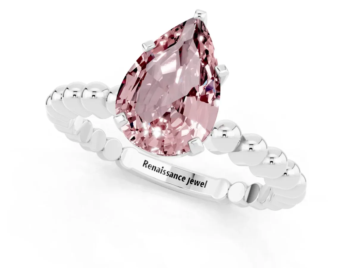 Pear Cut Morganite Solitaire Ring with Beaded Band and Prong Setting Silver