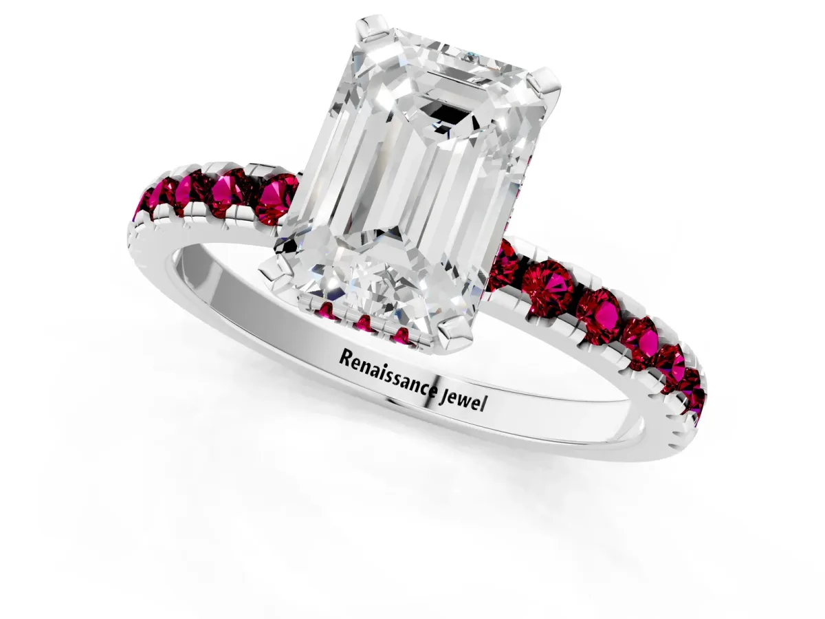 Emerald Cut Diamond Solitaire Ring with Round Garnet Pavé Band and Four-Prong Setting Silver