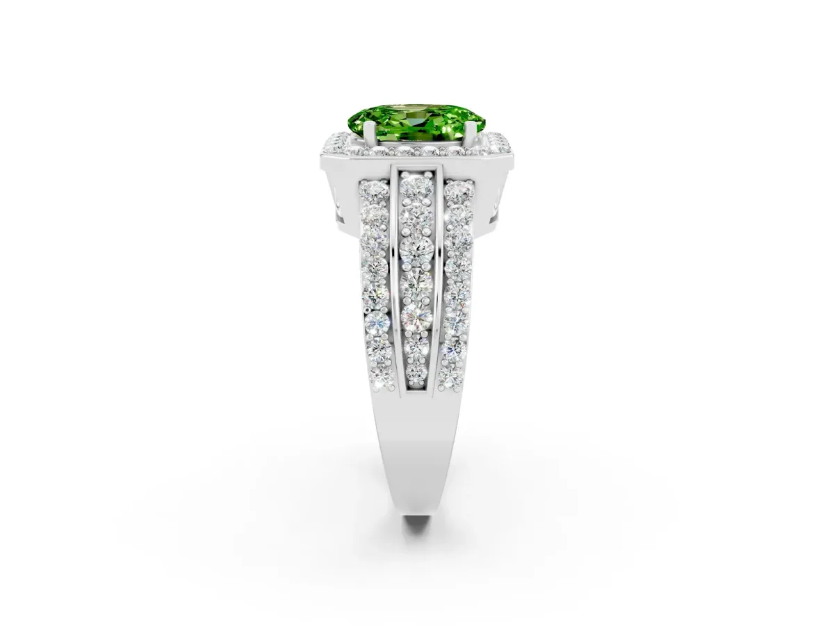 Oval Cut Halo Peridot Ring with Round Split Shank and Prong Setting Silver