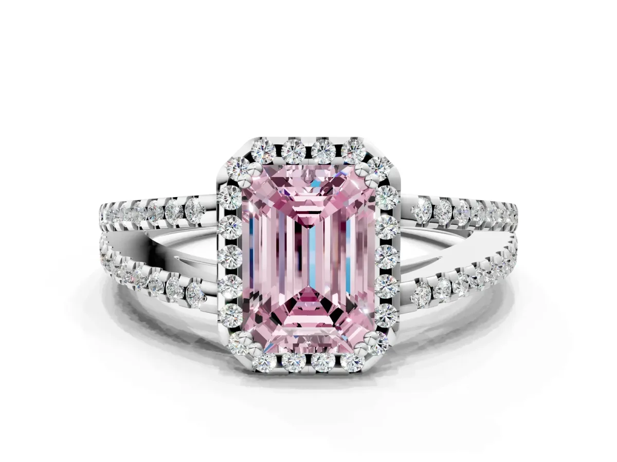 Fancy Pink Emerald Cut Diamond Halo Split Shank Engagement Ring Platinum