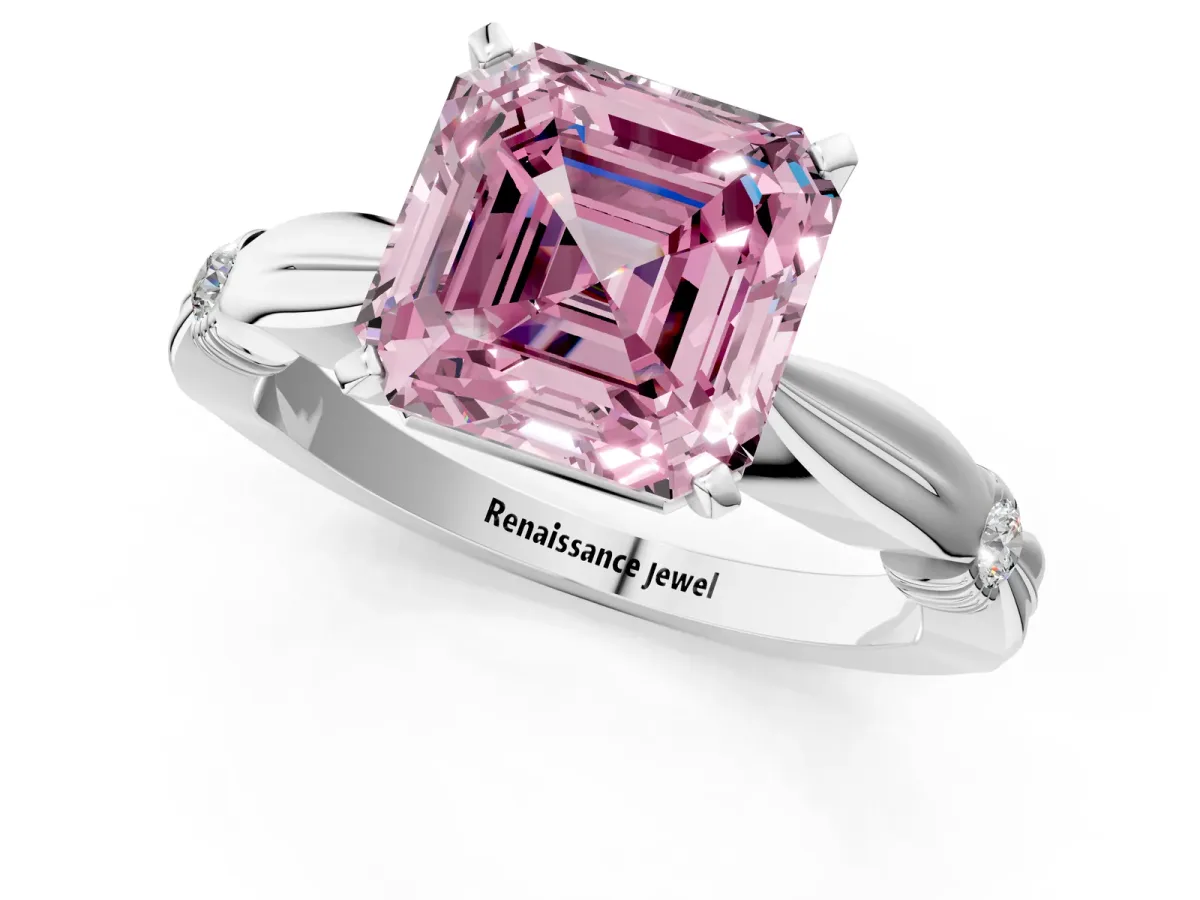 Fancy Pink Asscher Cut Solitaire Diamond Twisted Band with Four-Prong Setting Platinum