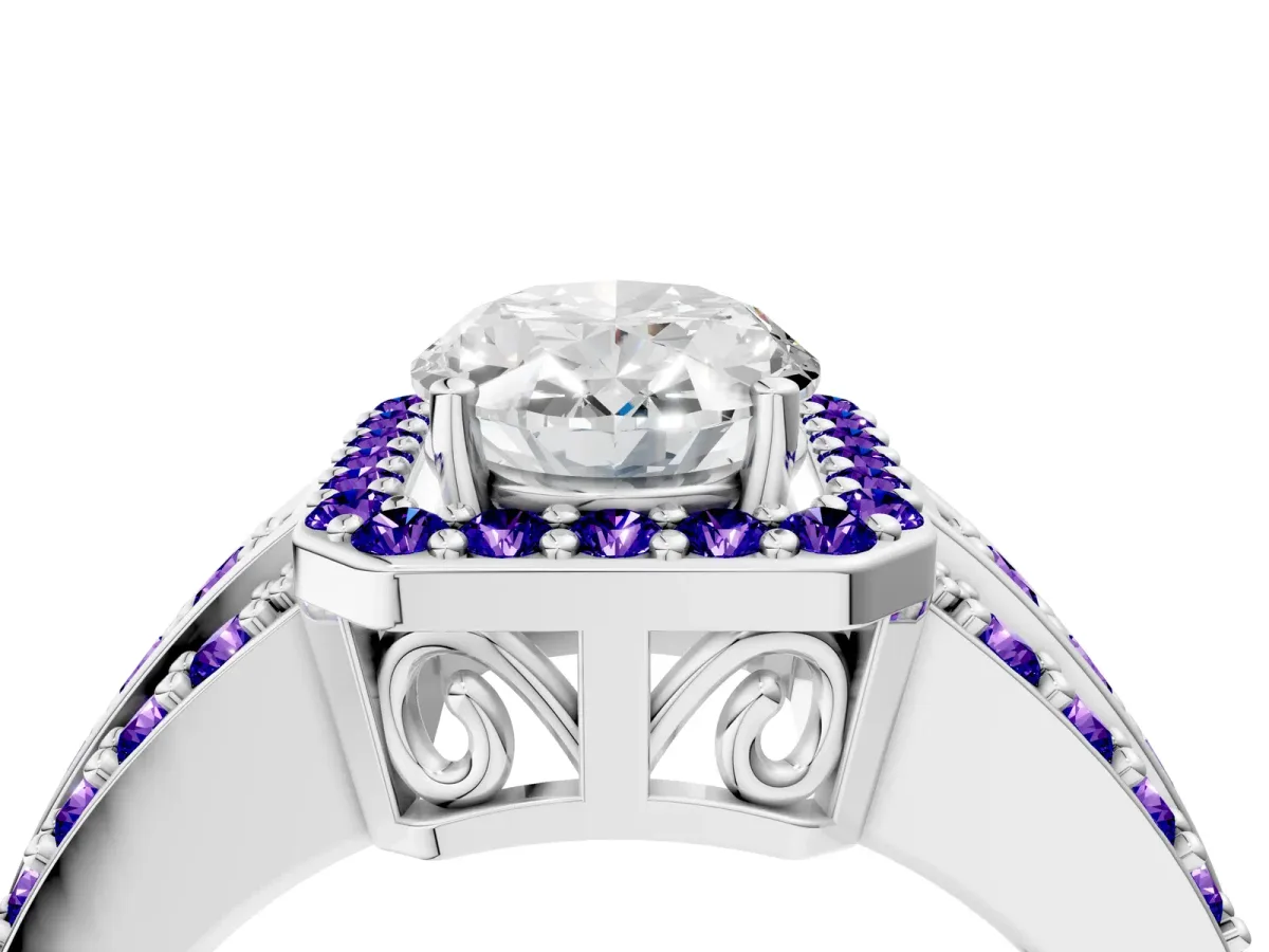 Oval Cut Halo Diamond Ring with Round Tanzanite Split Shank and Prong Setting Platinum