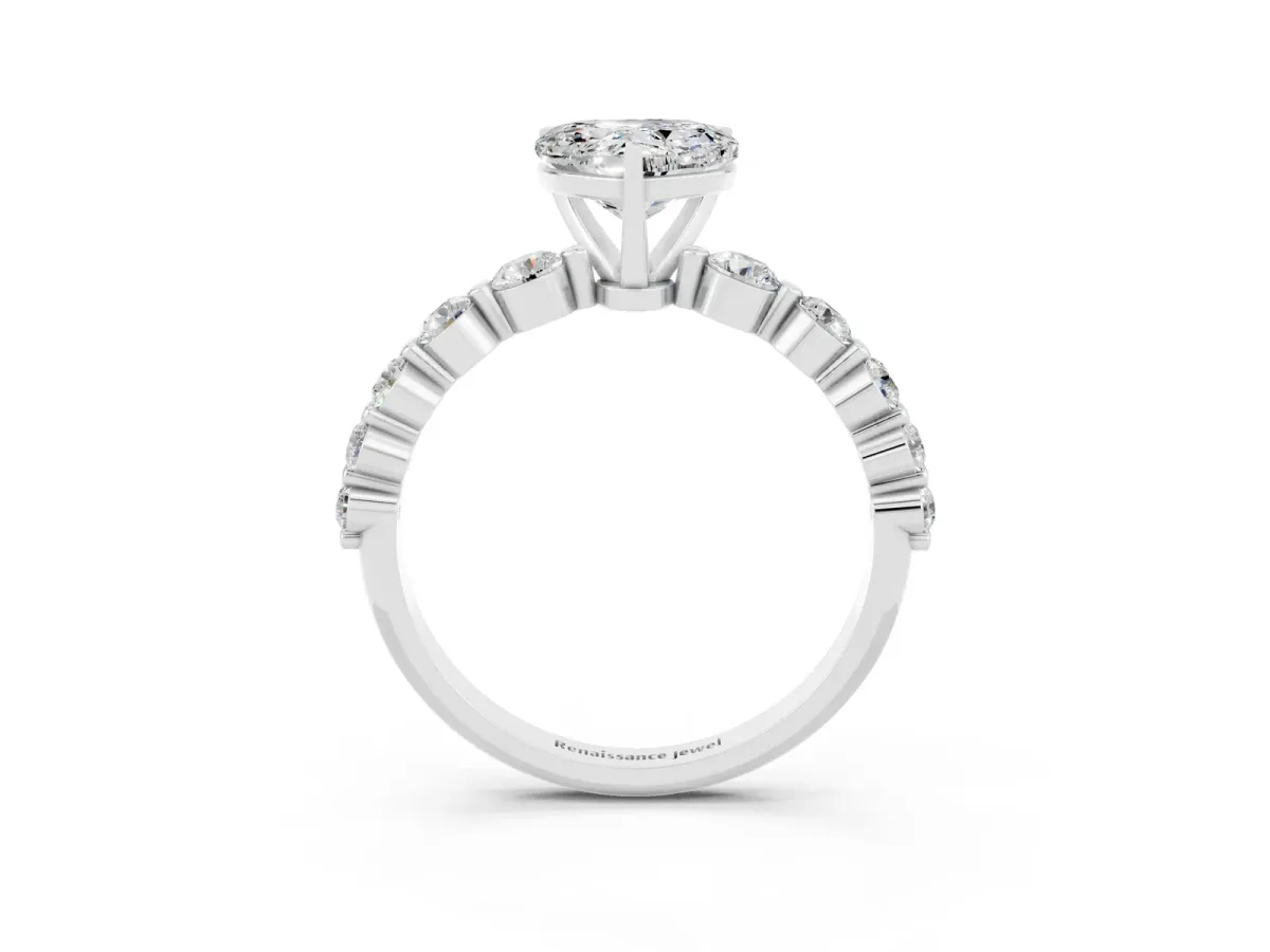 Heart Cut Solitaire Moissanite Ring with Pave Band and Four-Prong Setting Silver