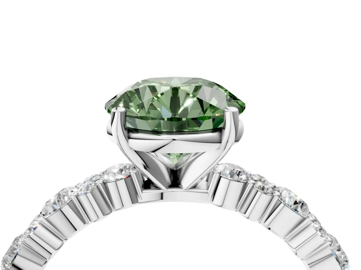 Fancy Green Round Cut Diamond Side Stone Solitaire Ring with Round and Four-Prong Setting Platinum