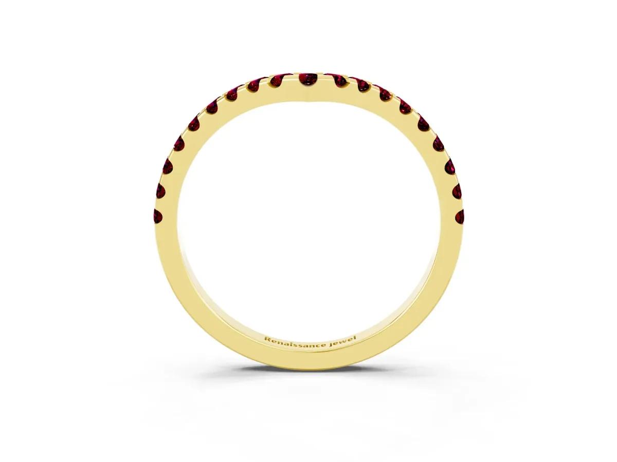 Pavé Round Garnet Chevron Band with Shared Prong Setting Yellow gold