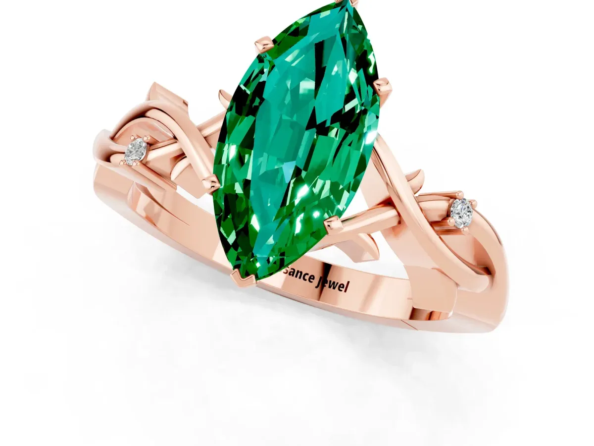 Marquise Cut Emerald Solitaire Ring with Twisted Band and Prong Setting Rose gold