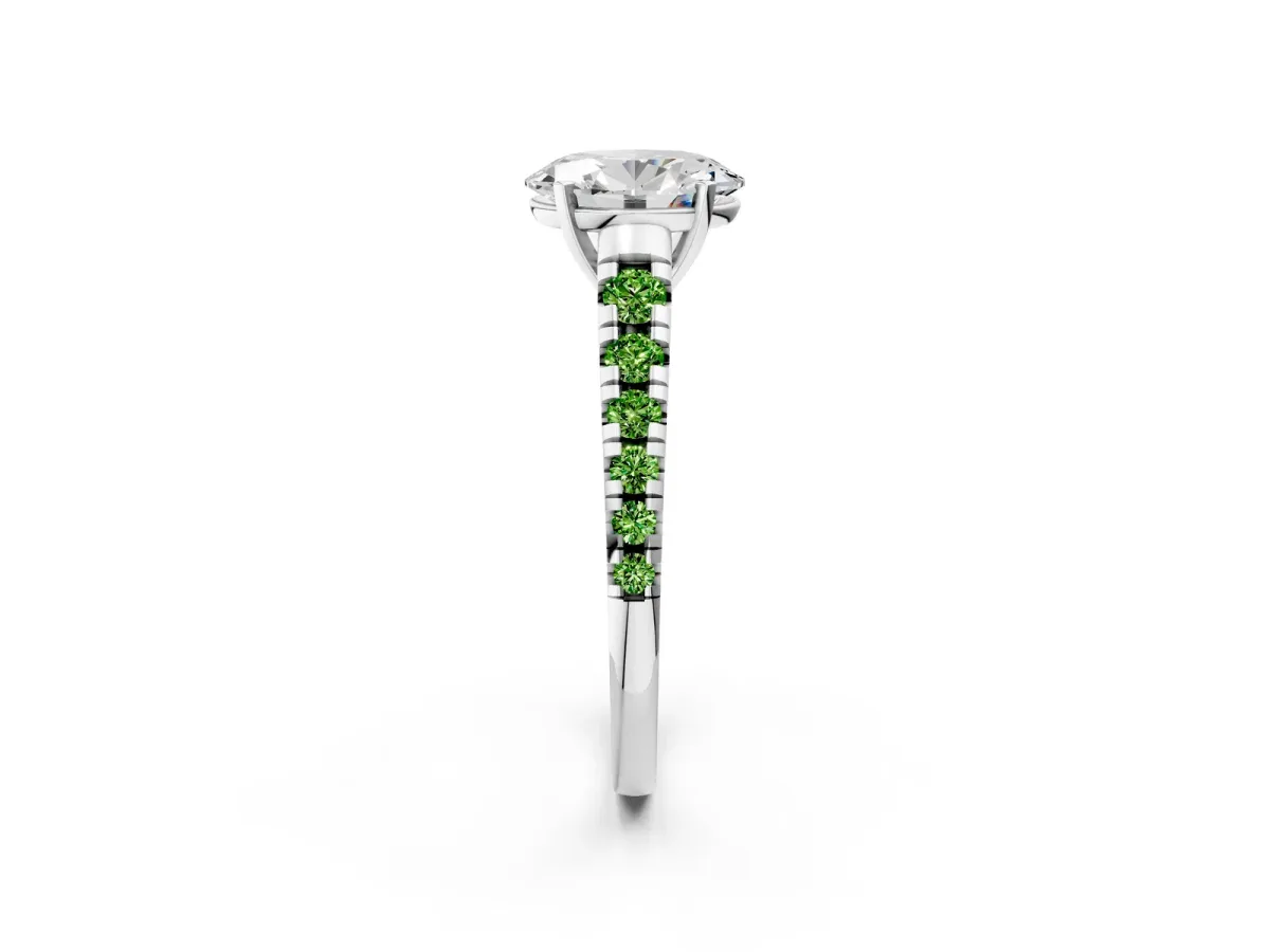 Oval Cut Diamond Cathedral Solitaire Ring with Round Peridot Pavé Band Platinum