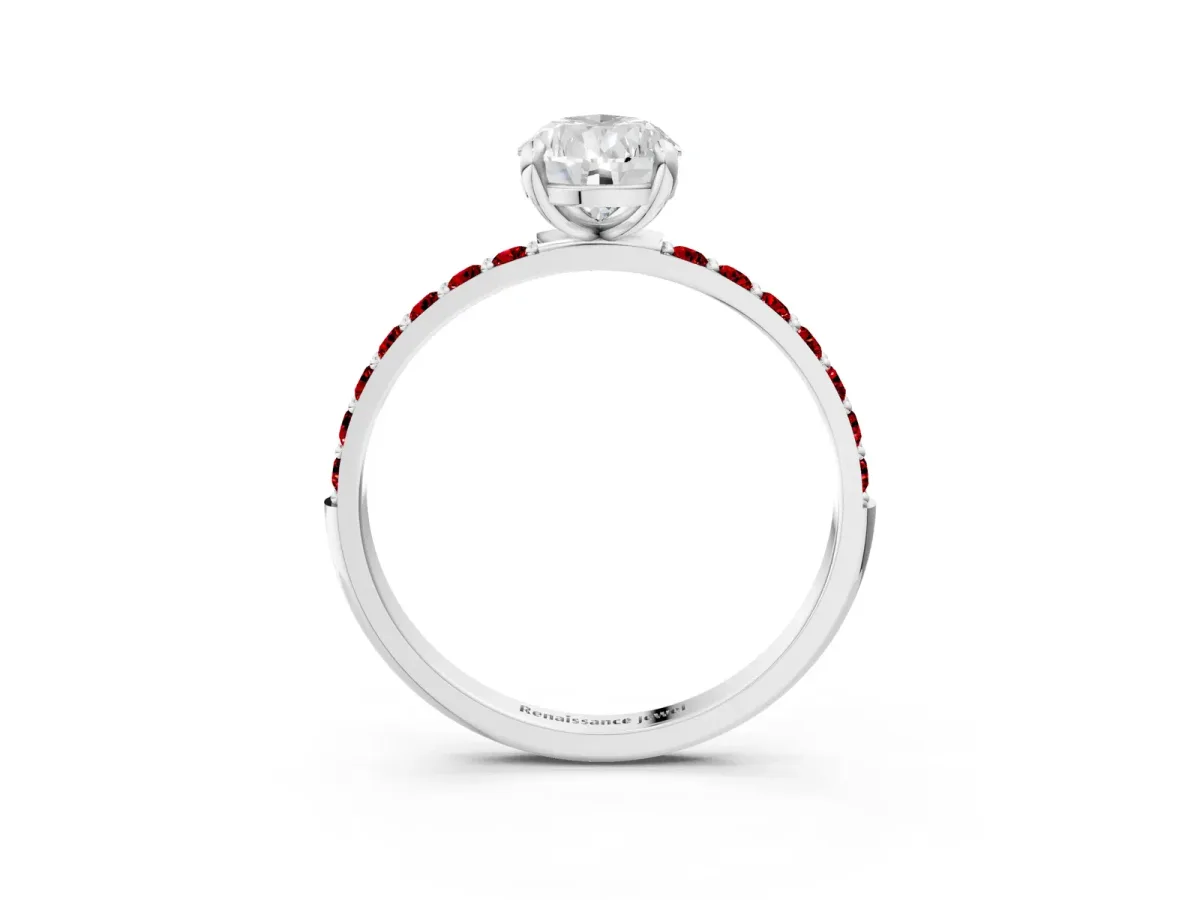 Pear Cut Diamond Solitaire Ring with Round Ruby Pavé Band and Prong Setting Silver