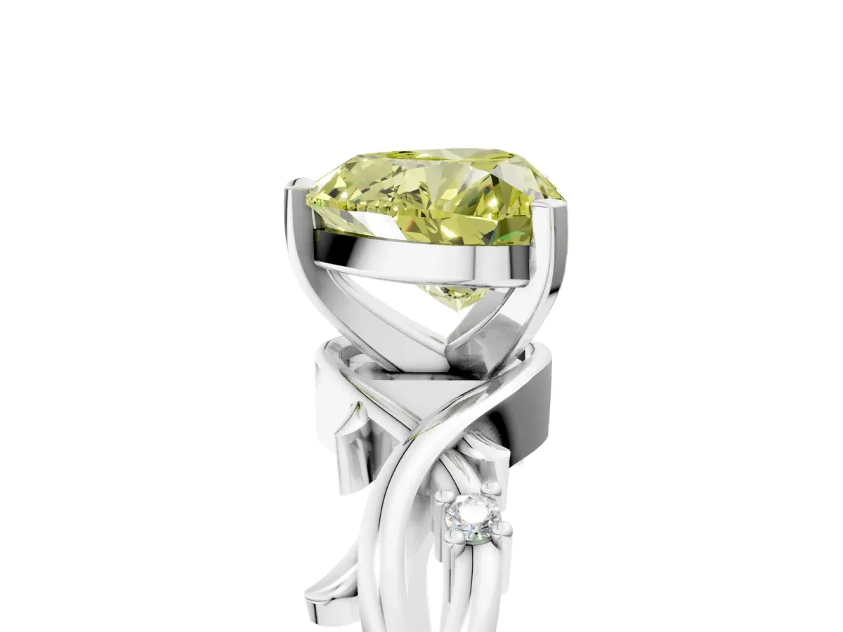 Fancy Yellow Heart Cut Diamond Solitaire Ring with Twisted Band and Prong Setting Silver
