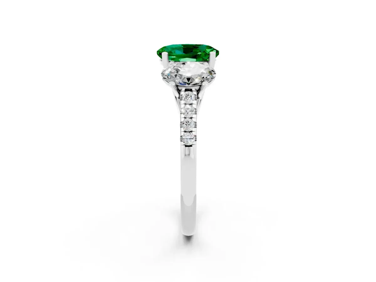 Three-Stone Oval Cut Emerald Ring with Round Pavé Band and Prong Setting Platinum