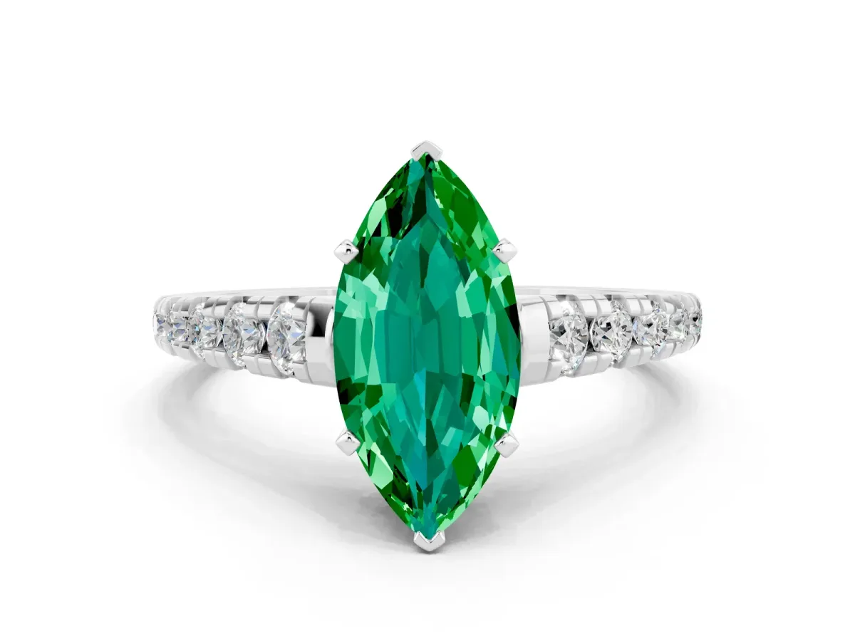 Marquise Cut Emerald Cathedral Solitaire Ring with Round Pavé Band Platinum