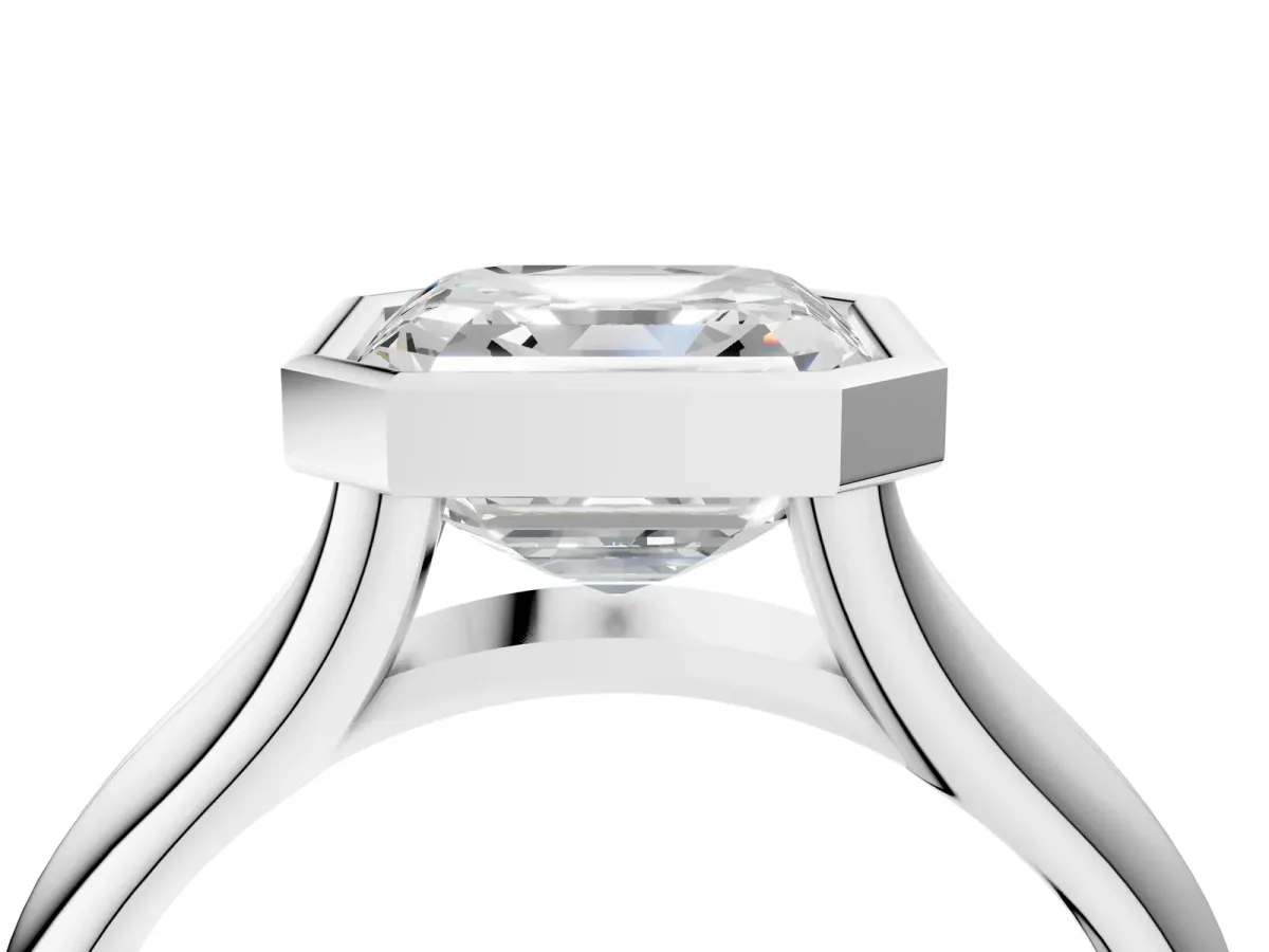 Bezel Set Asscher Cut Solitaire Diamond Ring with Smooth Band Platinum