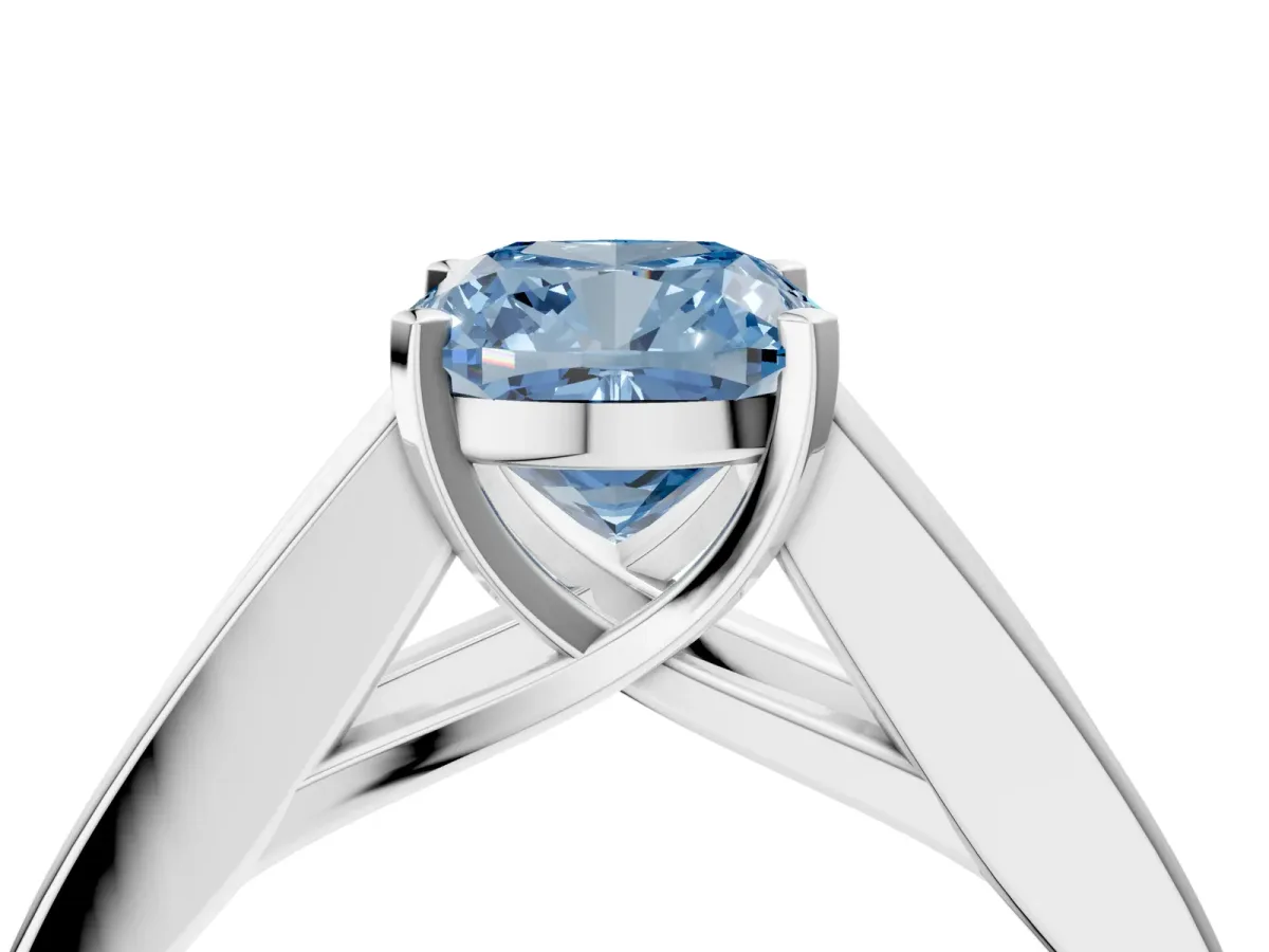 Fancy Blue Cushion Cut Cut Channel Set Solitaire Ring with Four-Prong Setting White gold