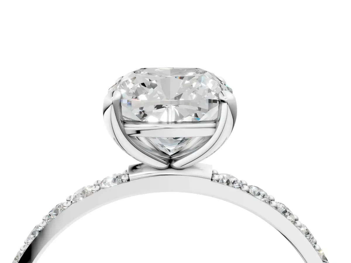 Cushion Cut Diamond Solitaire Ring with Round Pavé Band and Prong Setting Platinum