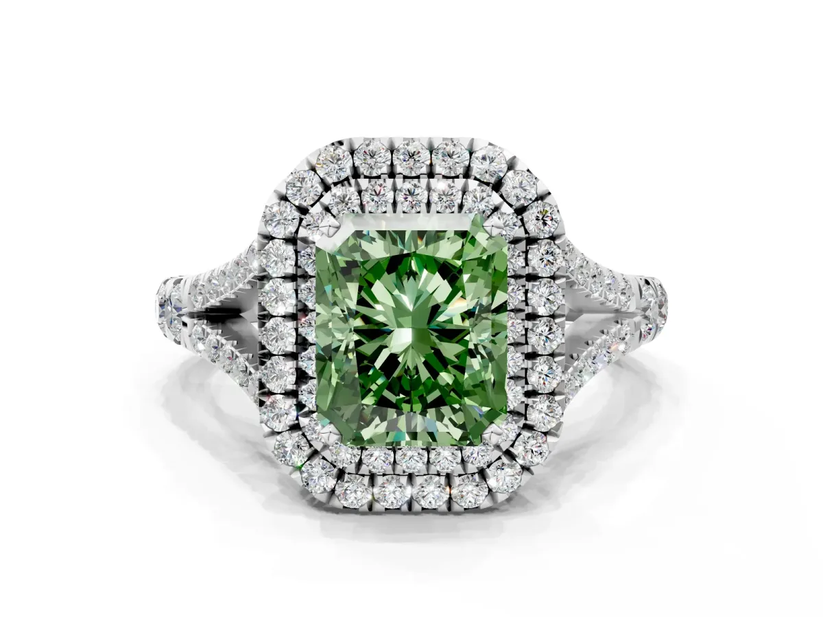 Fancy Green Radiant Cut Cut Double Halo Split Shank Diamond Ring with Prong Setting Platinum