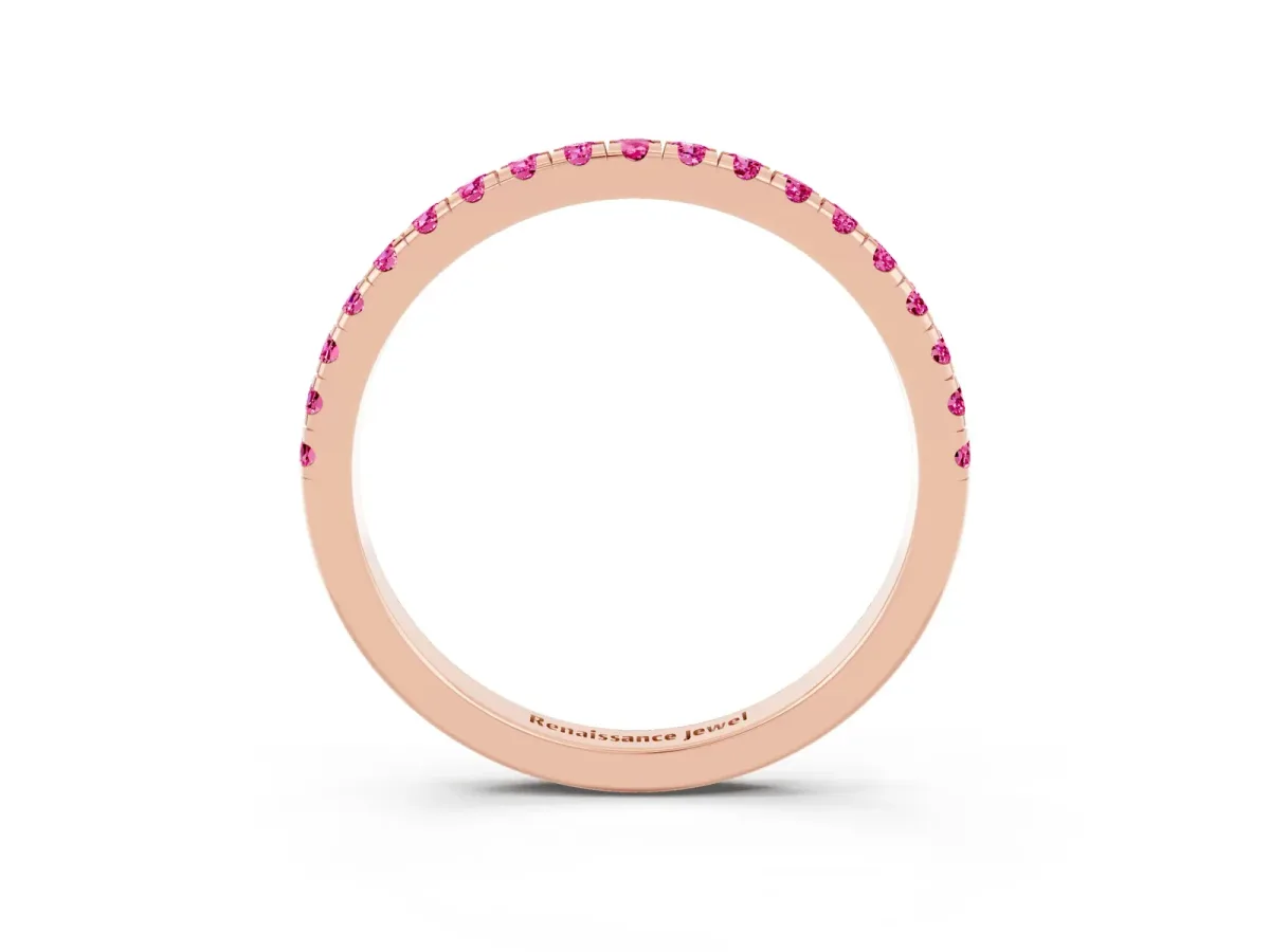 Pavé Round Pink Sapphire Half Eternity Band with Shared Prong Setting Rose gold