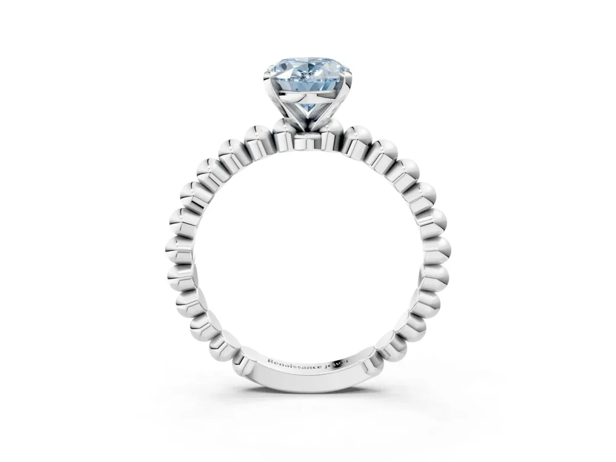 Fancy Blue Oval Cut Diamond Solitaire Ring with Beaded Band and Prong Setting White gold