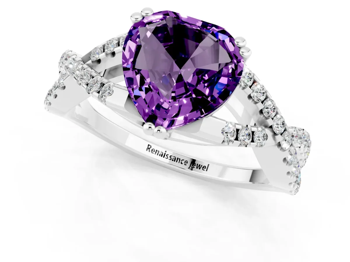 Heart Cut Amethyst Solitaire Ring with Four-Prong Setting and Twisted Pavé Band Silver
