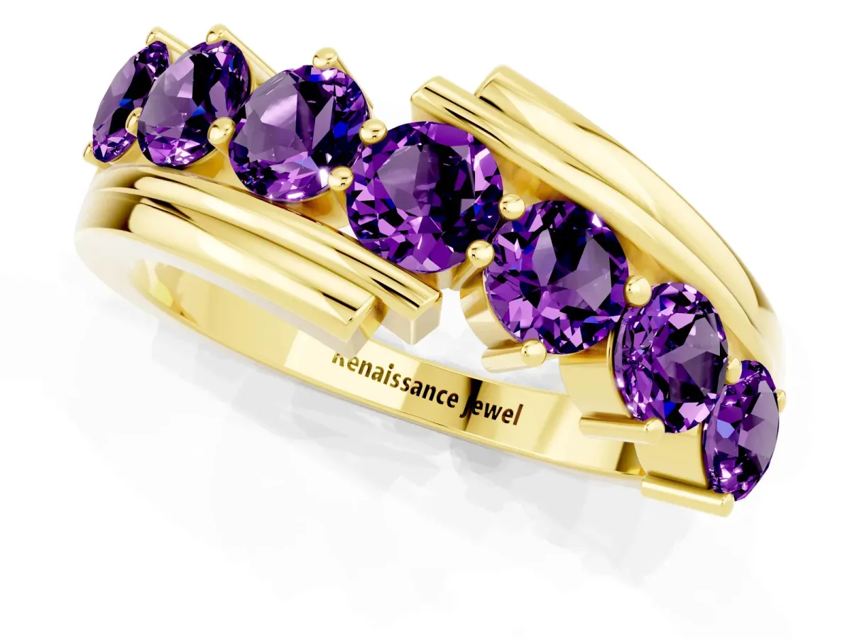 Round Amethyst Wave Band with Channel and Shared Prong Setting Yellow gold