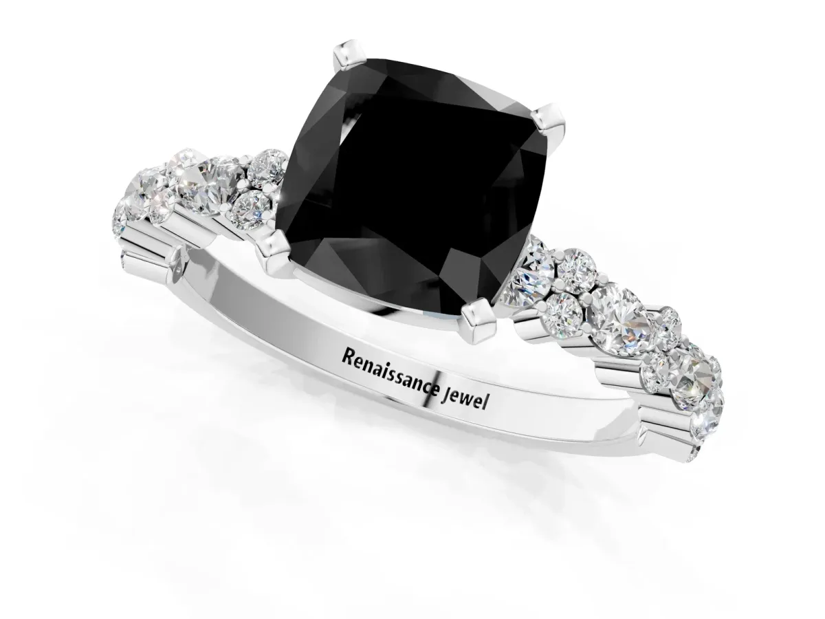 Fancy Black Cushion Cut Diamond Side Stone Solitaire Ring with Round and Four-Prong Setting Platinum
