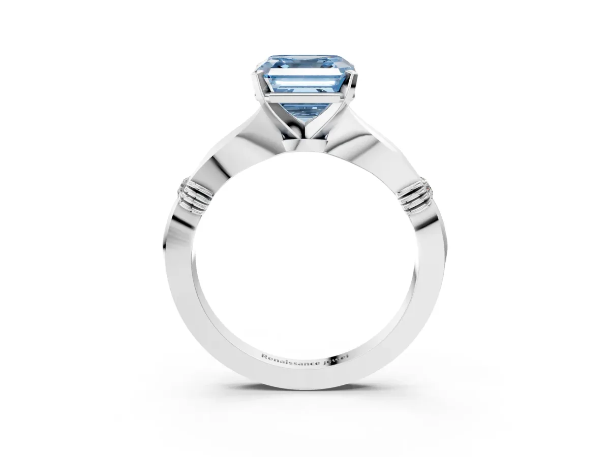 Fancy Blue Asscher Cut Solitaire Diamond Twisted Band with Four-Prong Setting Platinum