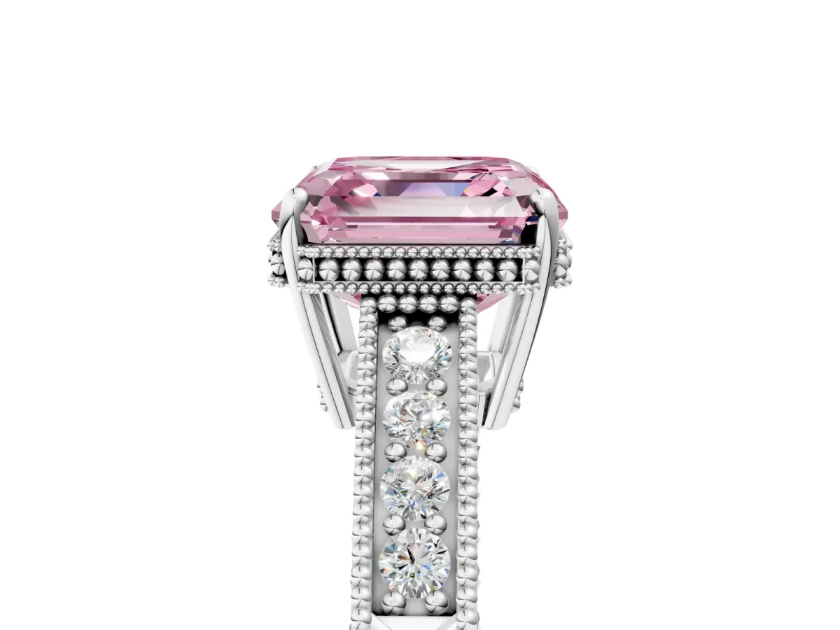 Fancy Pink Asscher Cut Cut Diamond Milgrain Pave Band Four-Prong Setting Ring Platinum