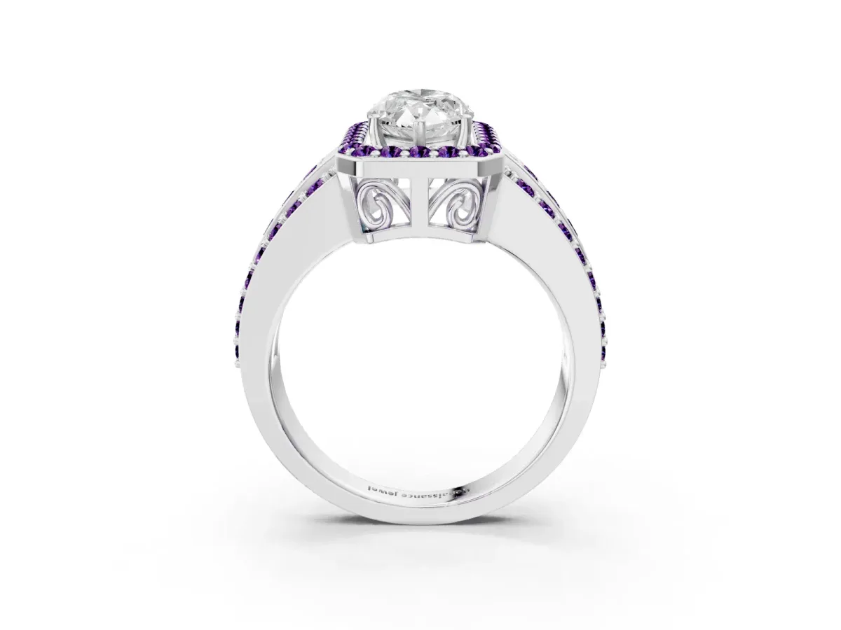 Marquise Cut Halo Diamond Ring with Round Amethyst Split Shank and Prong Setting Silver