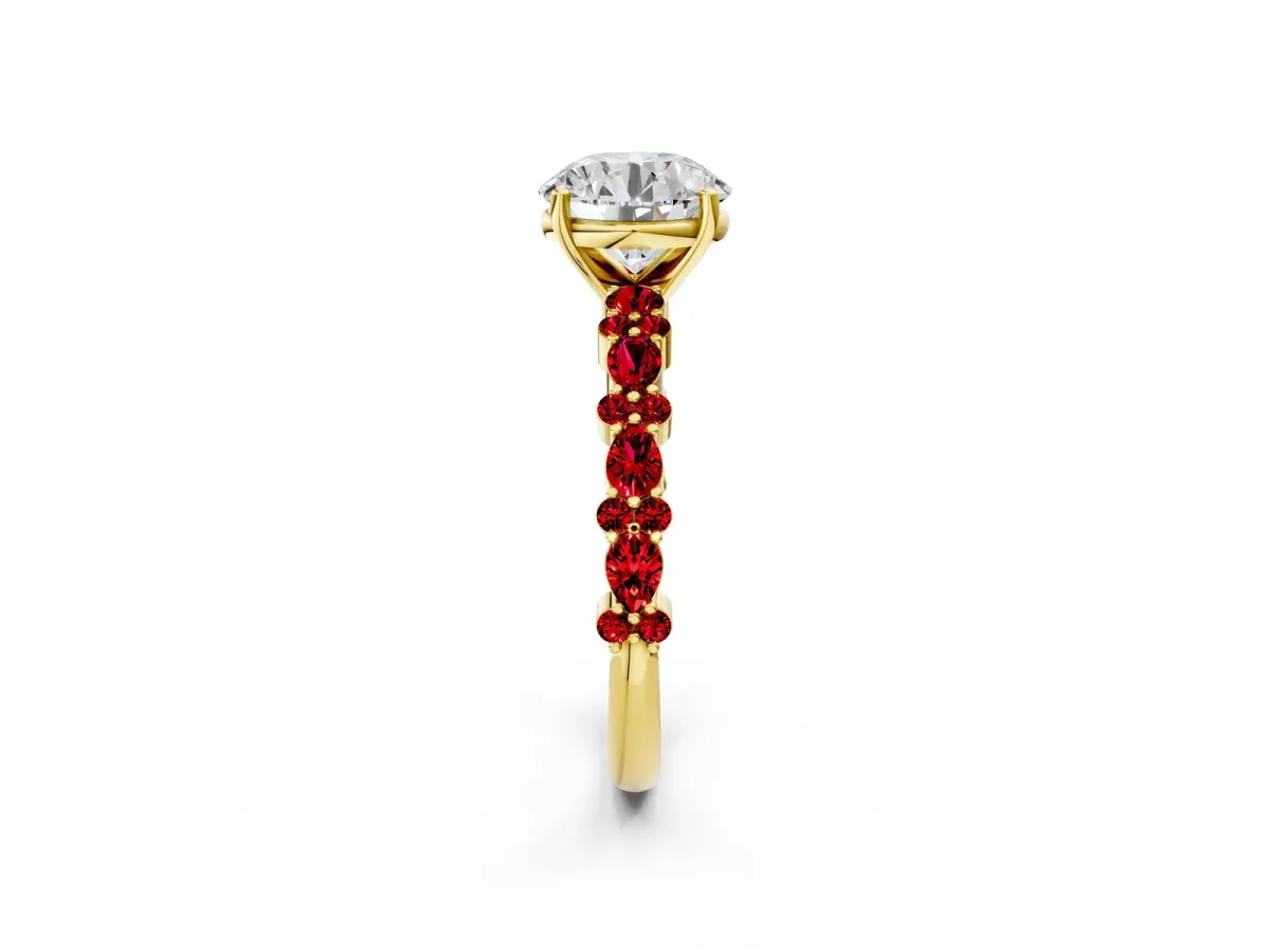 Round Cut Diamond Side Stone Solitaire Ring with Round Ruby and Four-Prong Setting Yellow gold