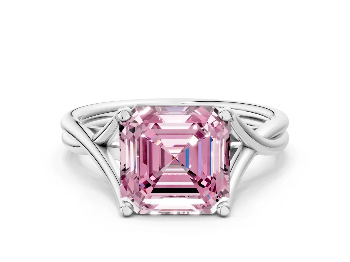 Fancy Pink Asscher Cut Diamond Solitaire Twist Band Prong Setting Ring Platinum