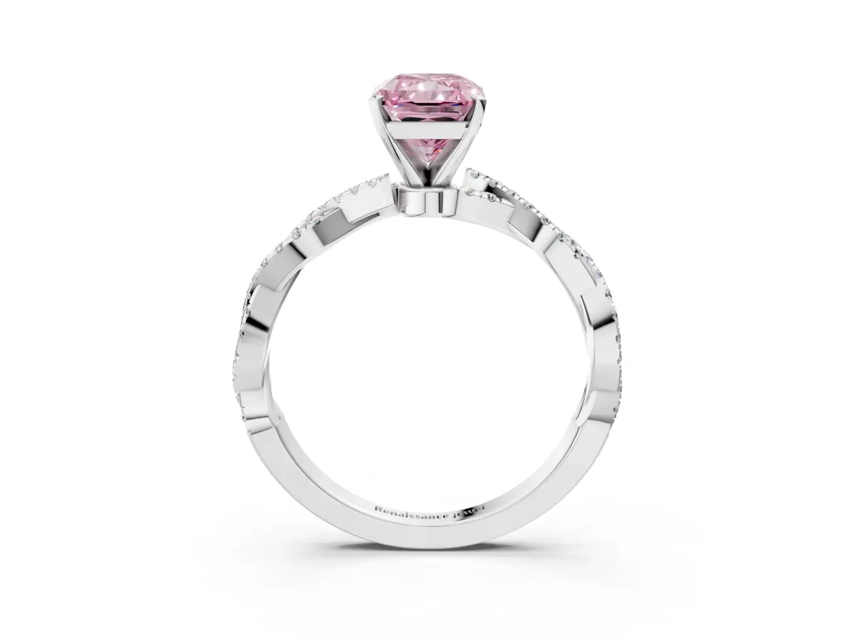 Fancy Pink Radiant Cut Solitaire Twisted Pave Band with Four-Prong Setting Platinum