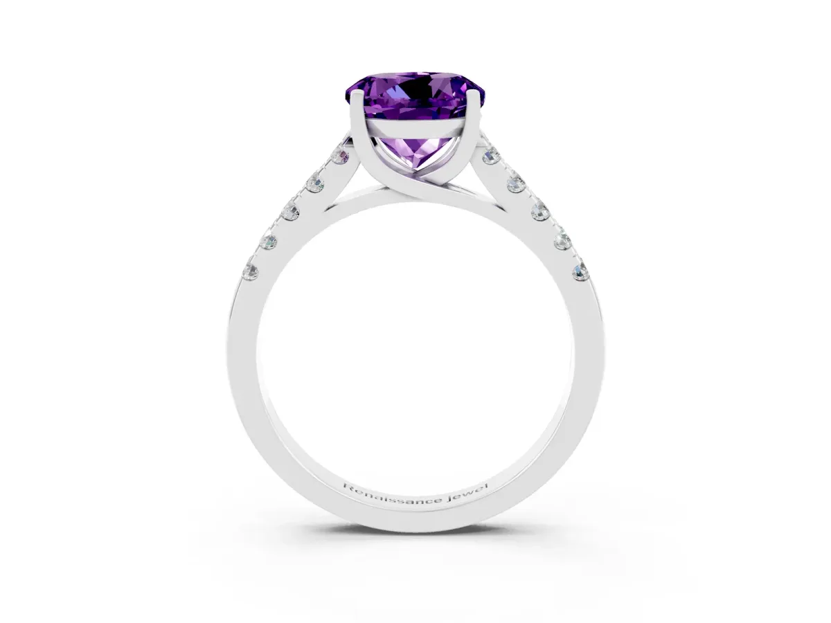 Round Cut Amethyst Pavé Band Solitaire Ring with Prong Setting White gold